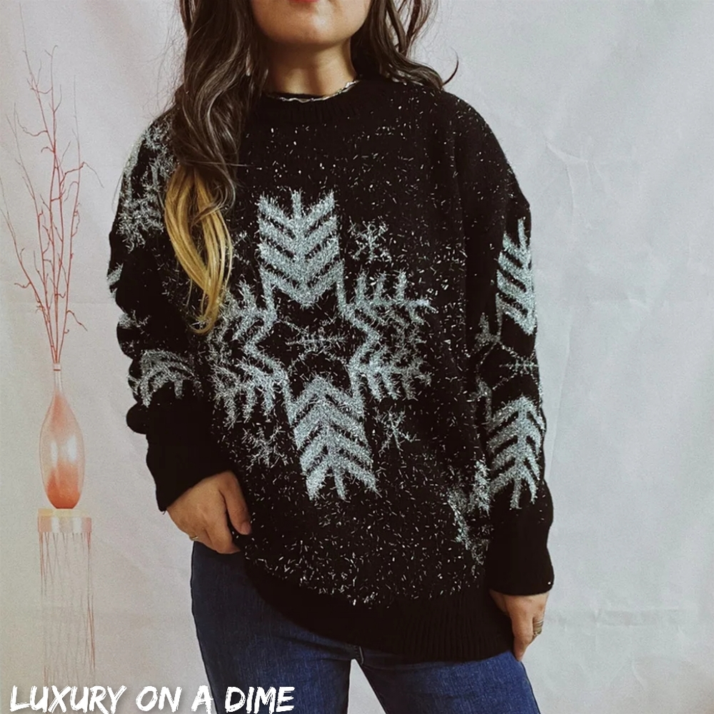 Fuzzy Contrasting Snowflake Knit Classy Minimalist Heavy Metallic Winter Sweater